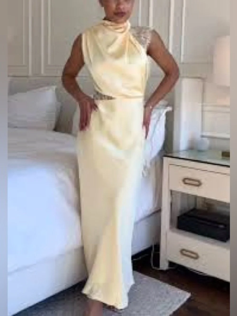 Petal & Pup Yellow Satin Asymmetric  Lace Sleeve Midi Cowl Neck Dress